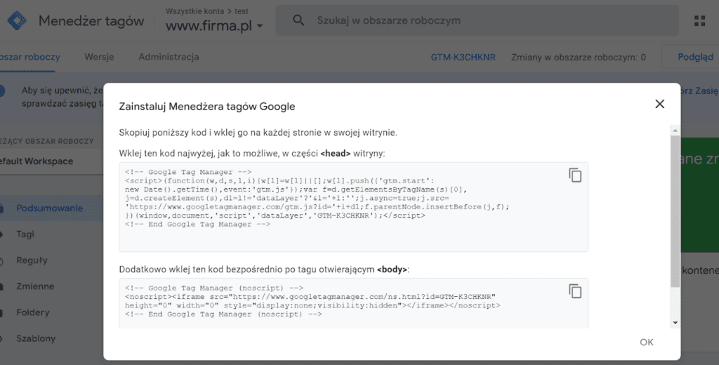 Kody do instalacji GTM na stronie 