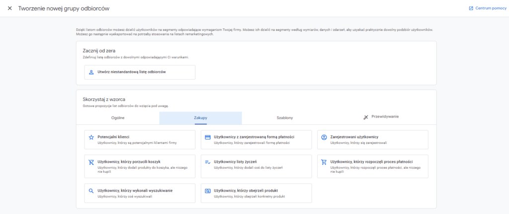 Lista nowych szablonów odbiorców w google ads