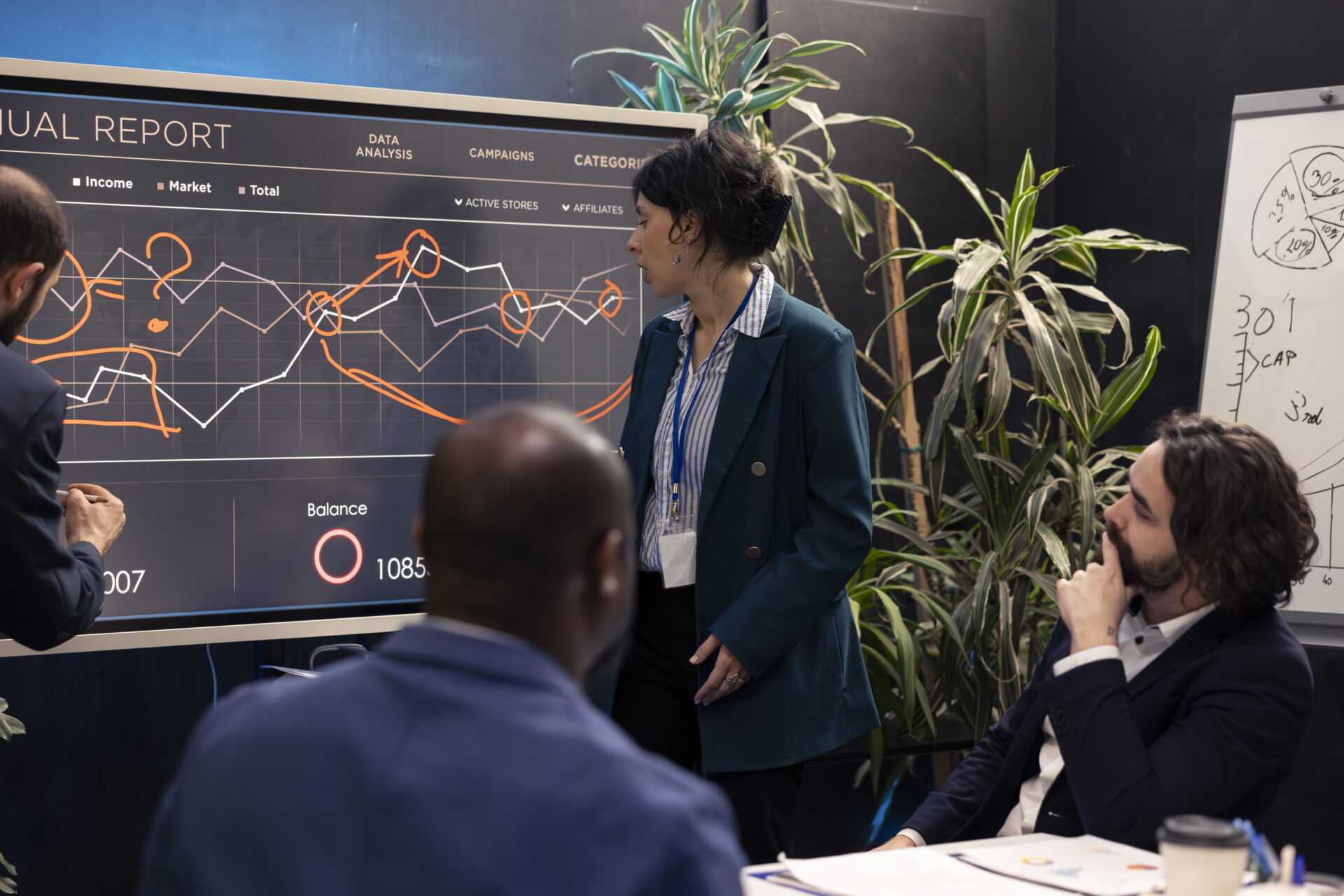 Team members attending conference in a boardroom and presenting the situation, trying to detect challenges or obstacles hindering progress. Supervisor and staff struggling with a project.